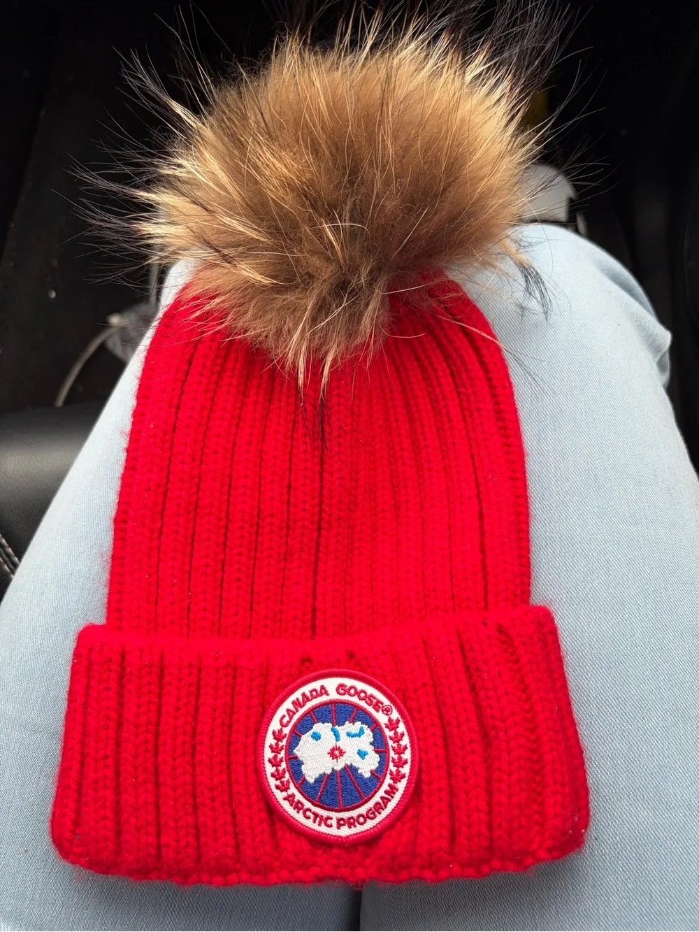 Canada Goose Kids Bright Red Knit Beanie with Brown Faux-Fur Pom